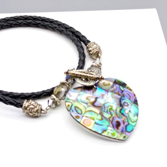 Vintage Abalone Tile Heart Pendant on Braided Leather and Crystal Necklace, Merm - Picture 4 of 5